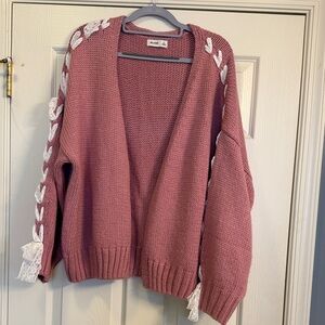 Hollister Mauve Pink Open-Front Knit Cardigan with White Lace Trim